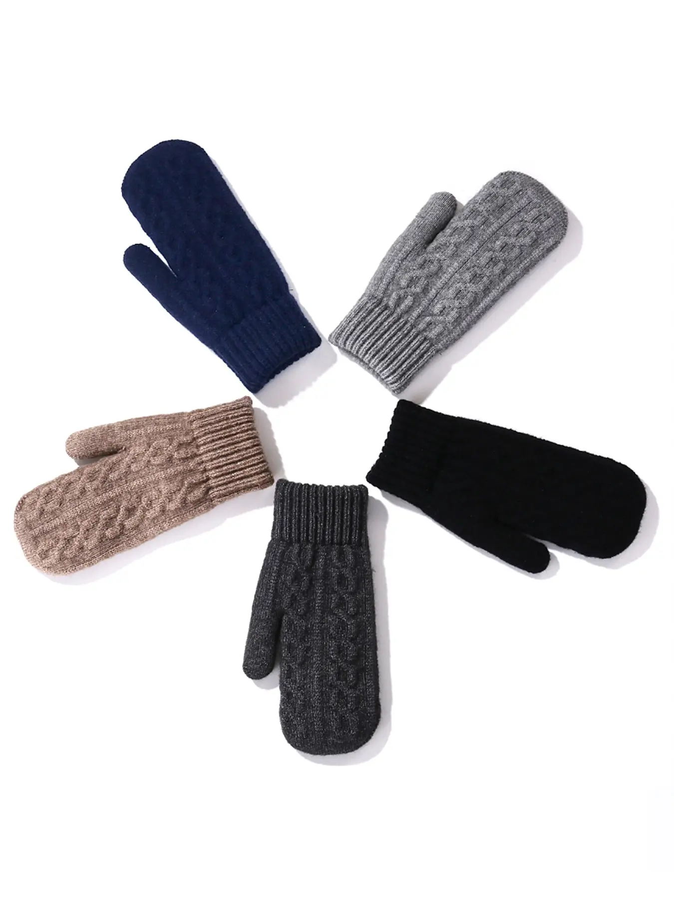 Twist Cable Knit Mittens Winter Thick Warm Solid Color Full Finger Gloves Unisex Cold Weather Daily Gloves