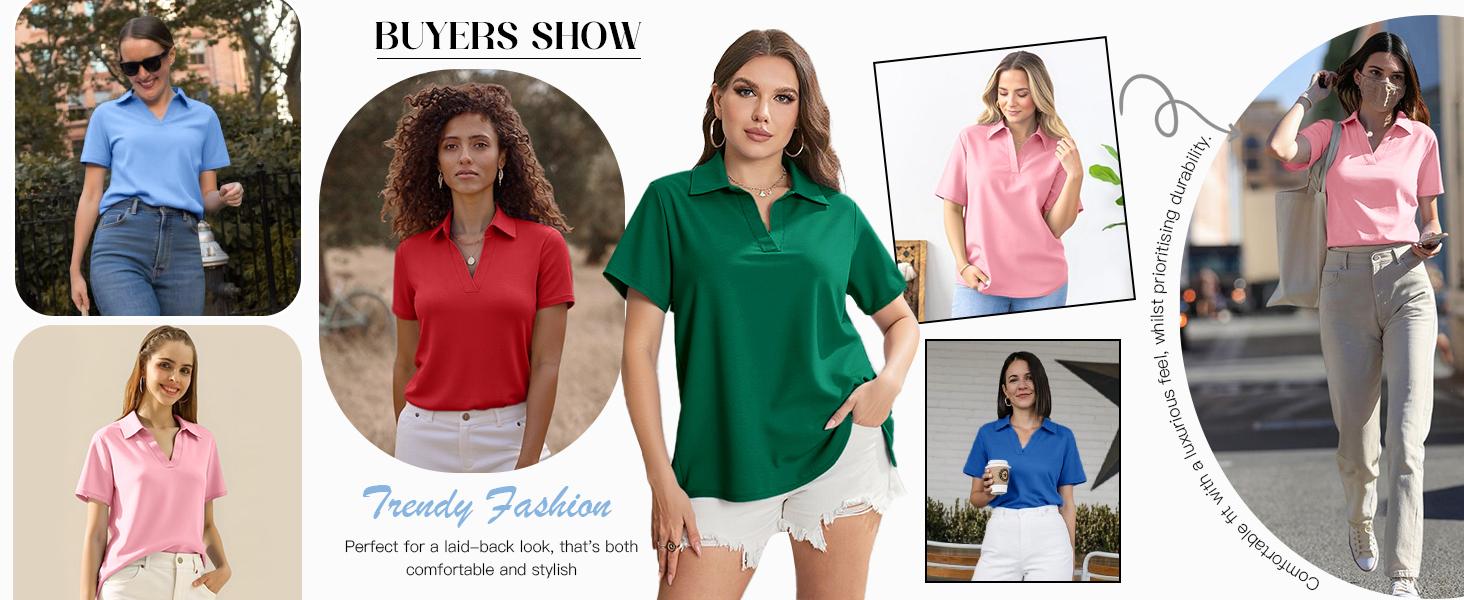 Aoysky Women's Short-Sleeve Fitted Minimalist Lightweight Polyester V-Neck Collared Polo Shirts - Business, Dressy Casual Summer Tops