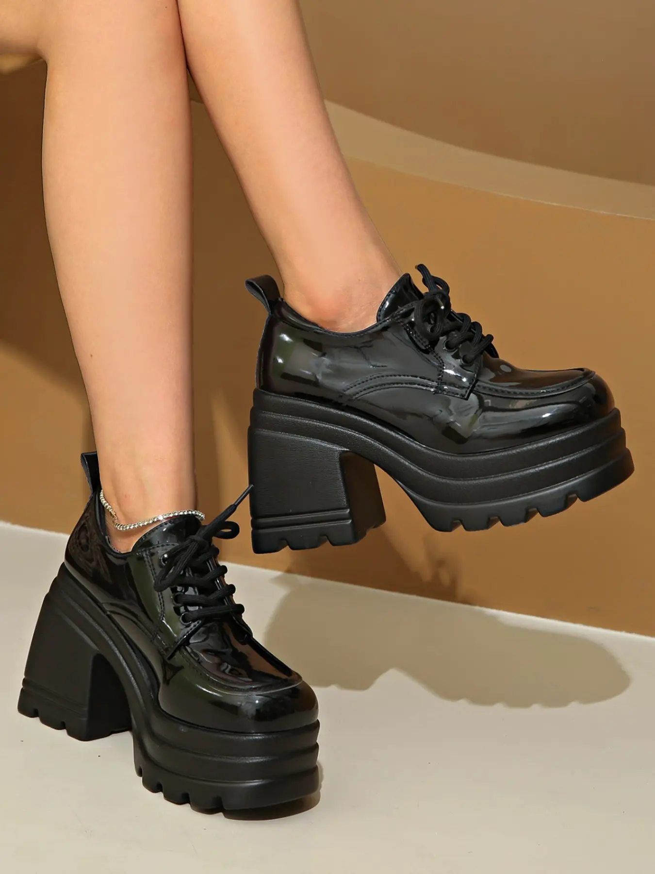 Women's Heeled Derby Shoes, Chunky Heel, Multi-Layer Thick Sole, Glossy Buckle Design, Party & Outdoor Wear, Spring & Autumn Fashion