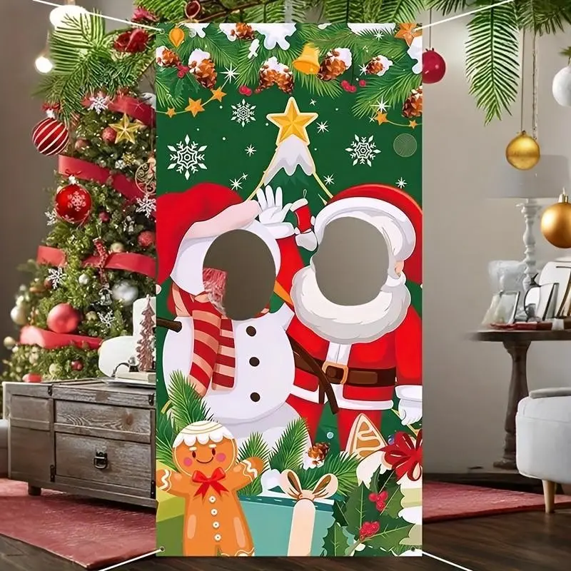 Christmas Banner with Santa and Snowman Design, and Gold Winter Wonderland Background, 2D Flat Christmas Decoration, No Power Required