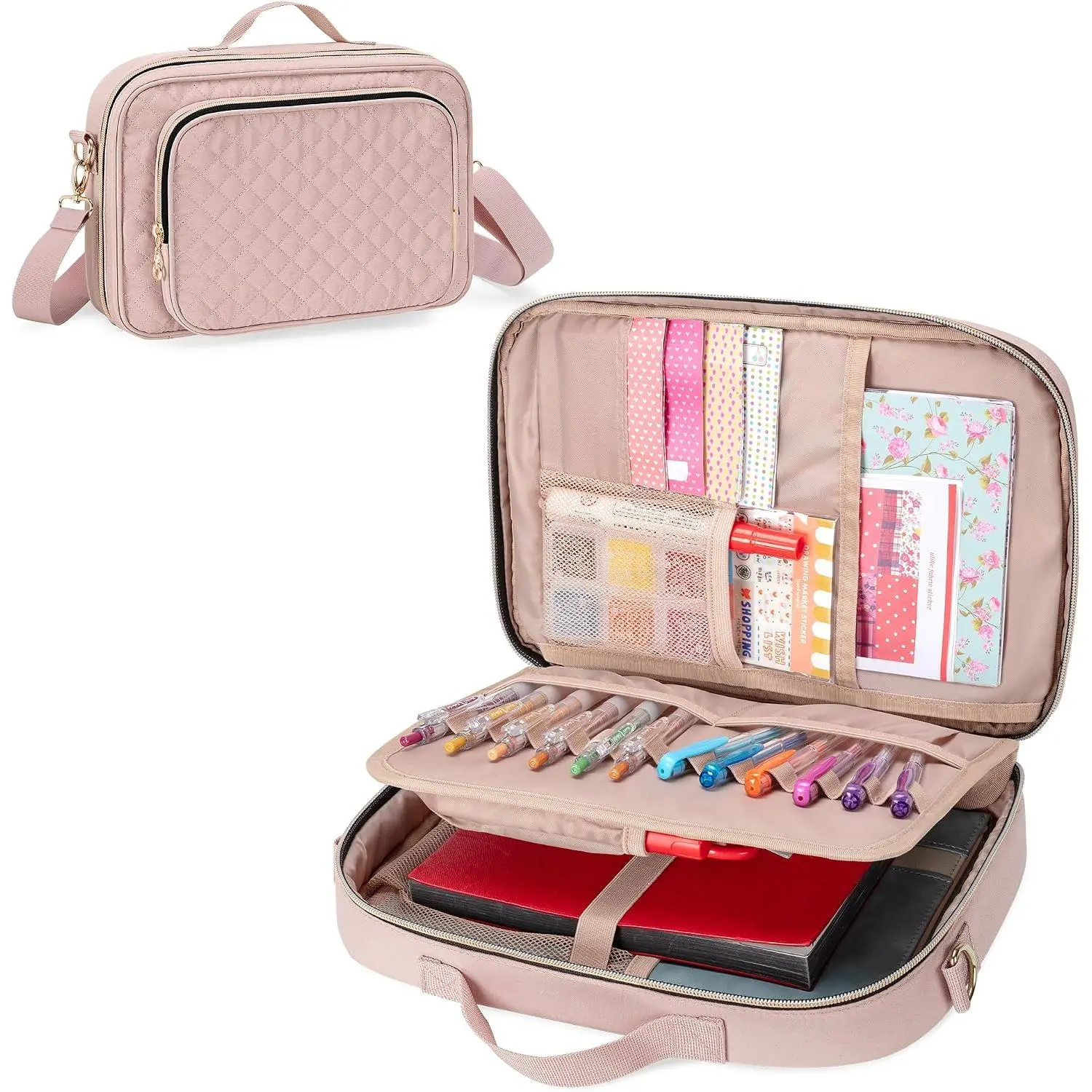 Journal Supplies Storage Case, Portable Planner Bag,  Quilted | Fits B5 Notebooks & Planners, Detachable Pen Slots, Travel Organizer Holder for Pens, Journal Supplies and Accessories
