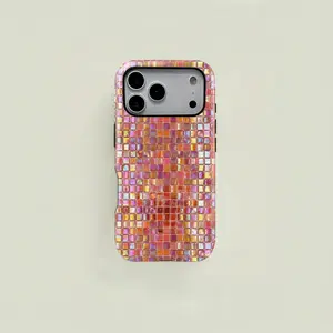 Iridescent Holographic Mosaic Tile Printed 2-in-1 Magnetic Protective Phone Case |   Minimalist Trendy Cover Compatible with iPhone 11-17