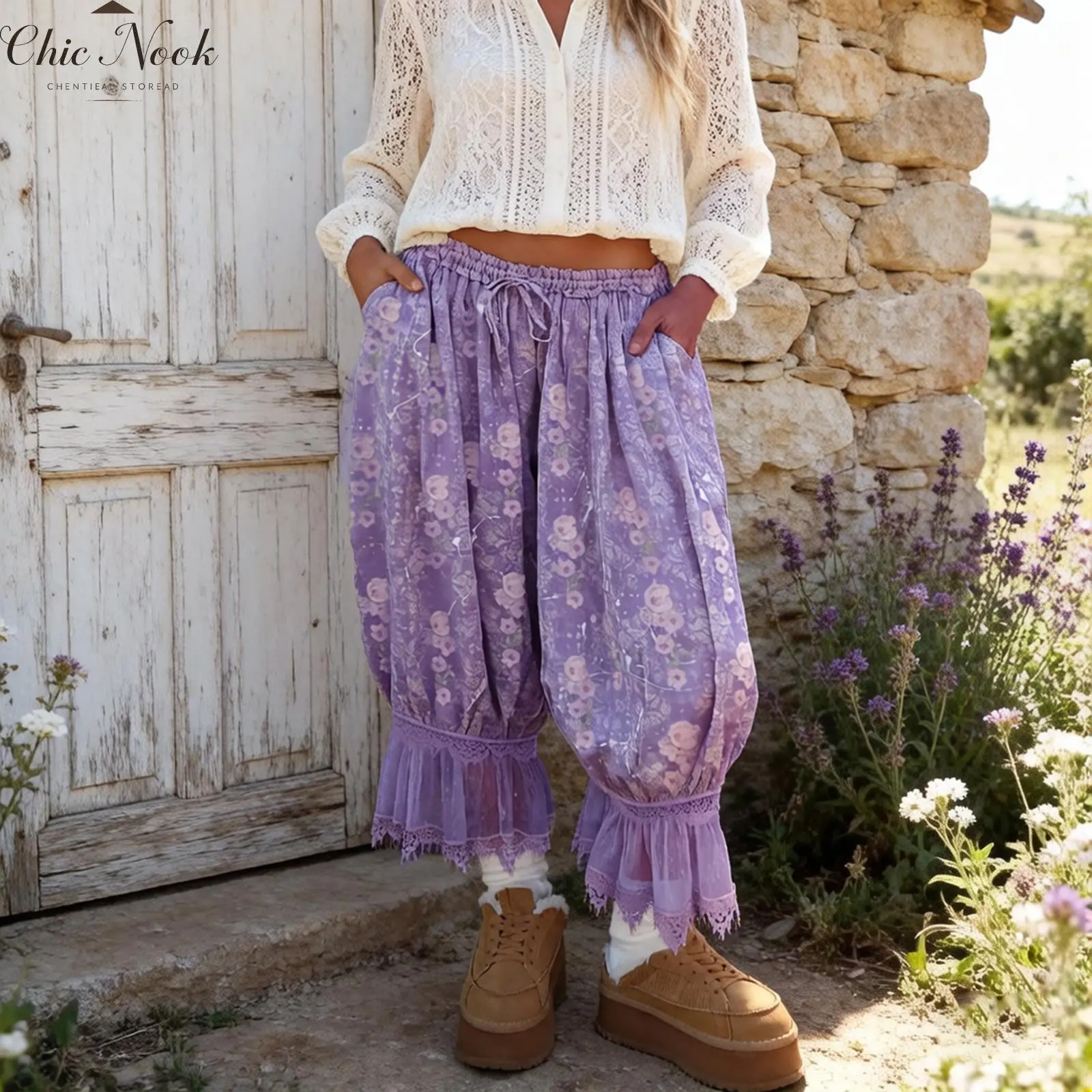 Women Floral Bloomers with Lace Trim Elastic Waist Drawstring Ankle Length Lantern Pants for Summer Spring