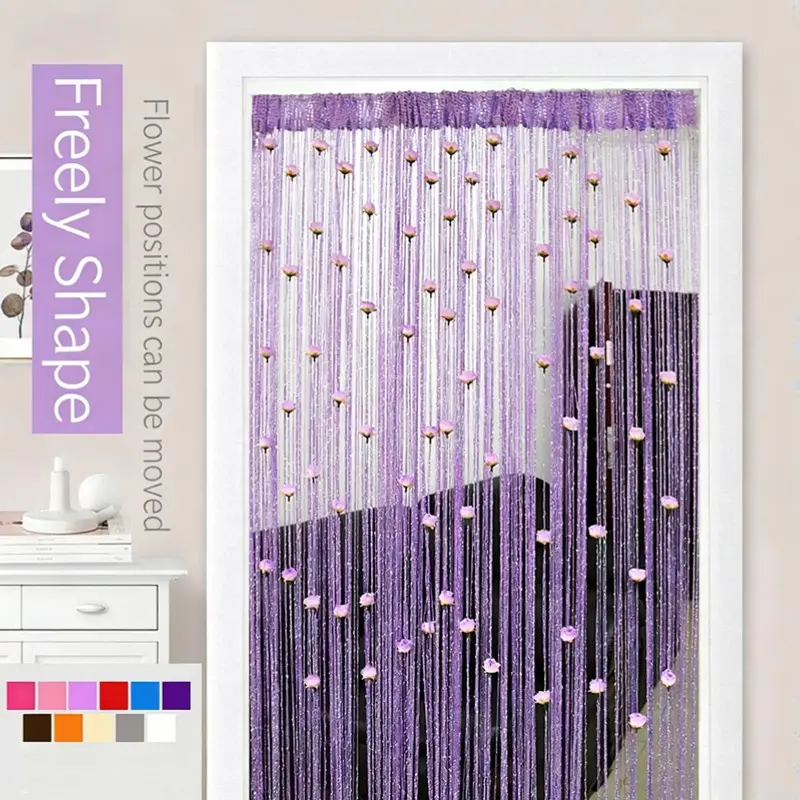 Rose Flower Line Curtain 78.74x39.37 Inches, Silver Color Floral Door Curtain, Encrypted Finished Partition Curtain with Fringe