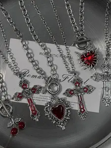 6PCS Gothic Red Enamel Cross & Heart Pendant Necklace Set, Silver with Cherry Charm, Punk OT Toggle Necklaces for Women, Ideal