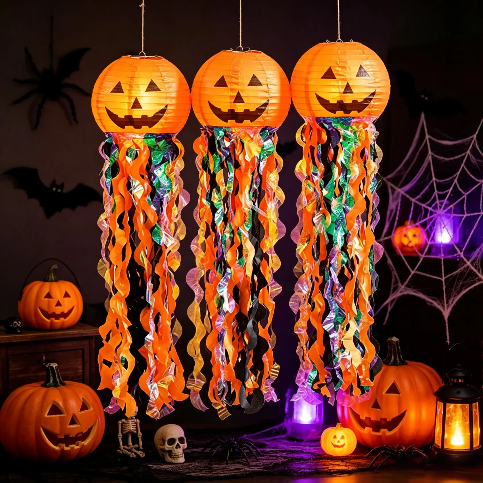 Halloween Pumpkin Jellyfish Lantern Decor, 3-Piece Paper Hanging Ornament, Home Decoration for Halloween Party, Ghost House Event Supplies