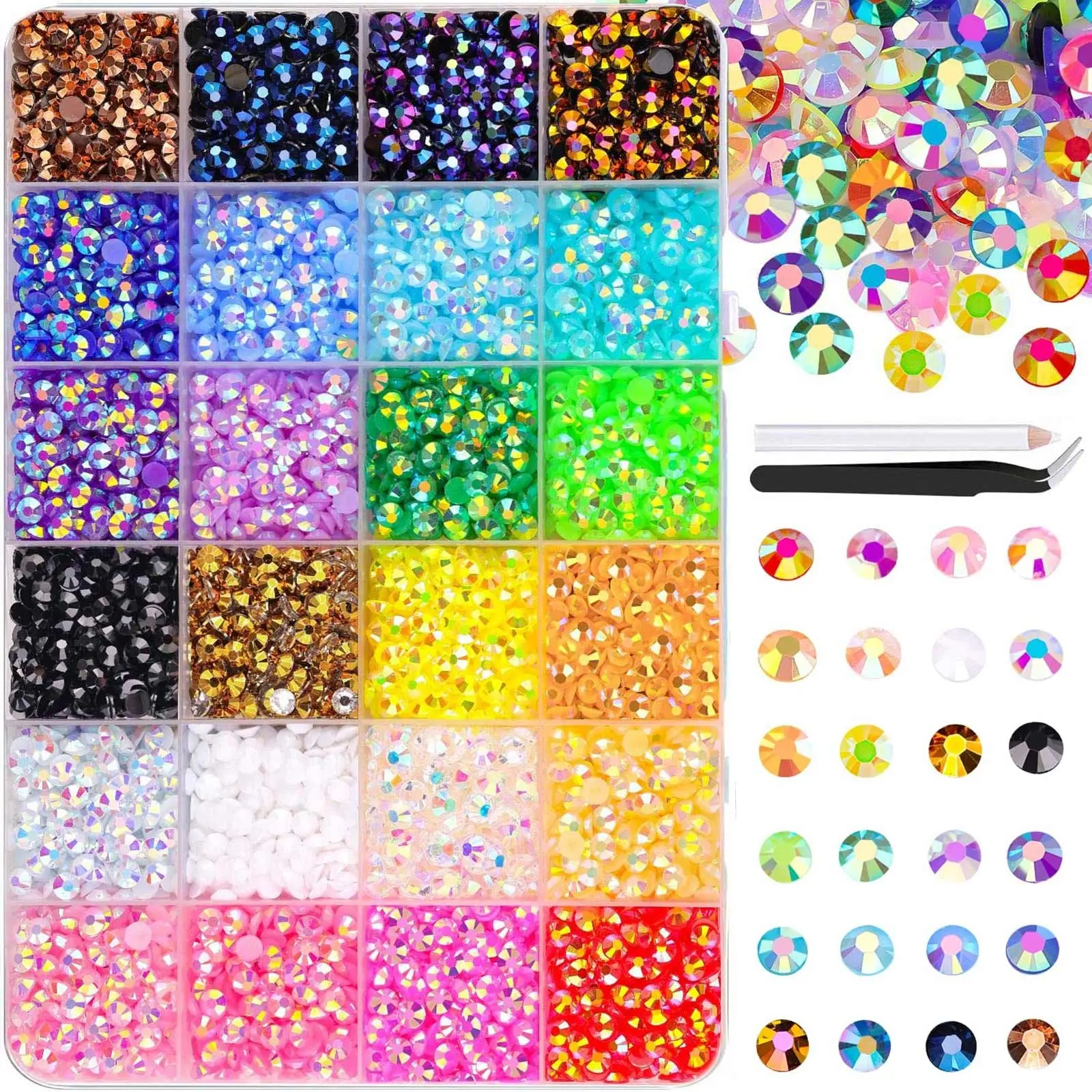 10000Pcs Resin Jelly Rhinestones with Tweezers for Bedazzling, Transparent AB Flat‑back Gems, Crystals with Jewelry Glue for Crafting, Clothing, Tumblers, Shoes, Fabric, Nail Art & Makeup