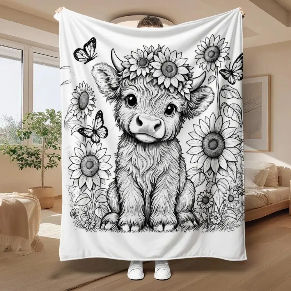 Colorable Highland Cow Flannel Blanket - Soft Fabric, Retro Look, Warm Multi-Functional Cow Blankets with Animal Artwork for Family Gifts, Mothers Day Presents, Sofa Naps, Animal Artwork Blankets