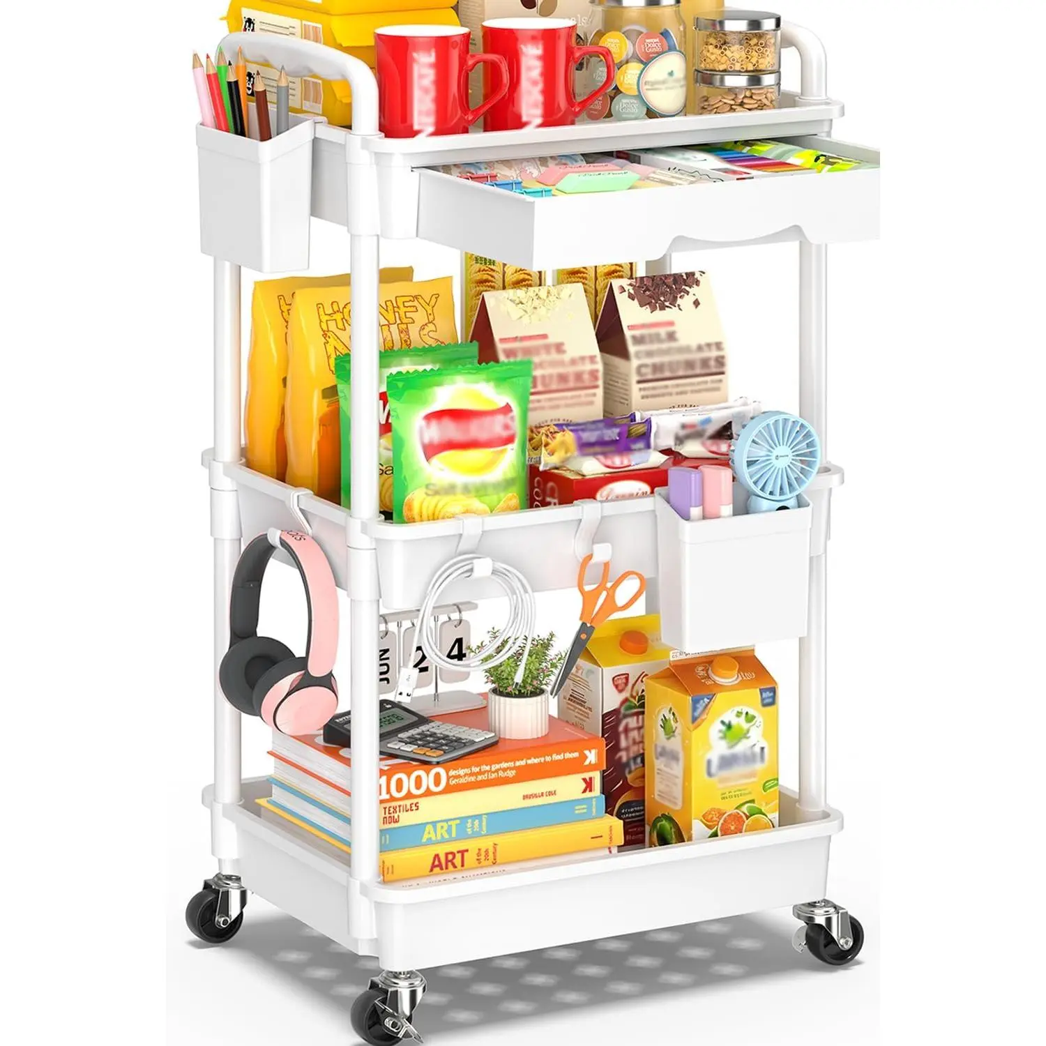3 Tier Rolling Cart with Drawer, Craft Storage Cart Organizer,White | Bathroom Storage Organizer with 2 Lockable Wheels, Rolling Utility Cart for Kitchen, Office, , Makeup, ,Snack,Laundry