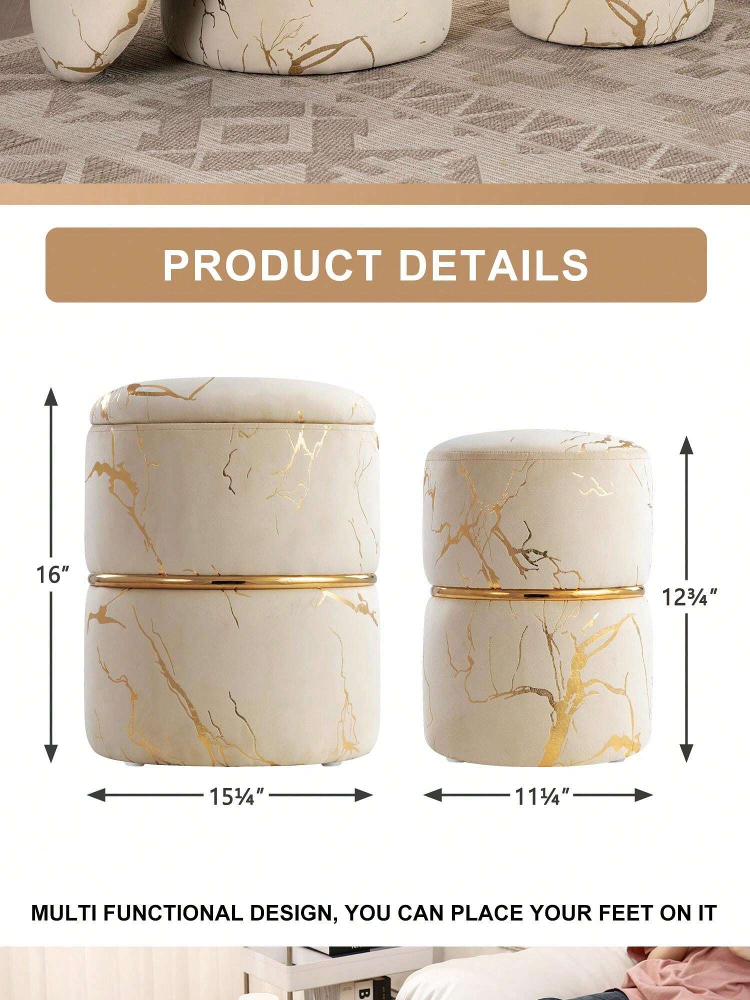 Pack Of 2 Black Round Bronzing Storage Ottoman Modern Velvet Upholstered Ottoman Stool Luxurious Poufs Sofa Footrest For Living Room Makeup Vanity Stool For Bedroom Room Decor