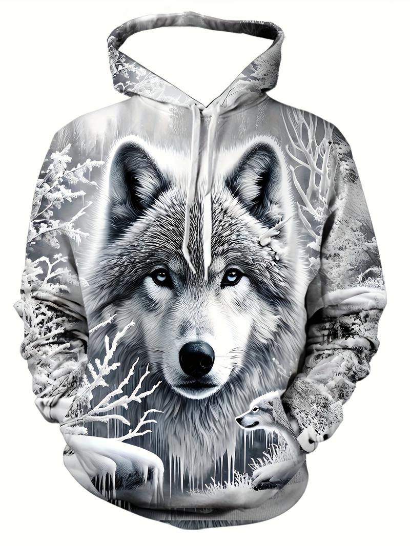 Men's Wolf Printed Hoodie - Casual Polyester Knitted Sweater with Zipper Pocket, Autumn/Winter Regular Edition Animal Pattern Hoodie