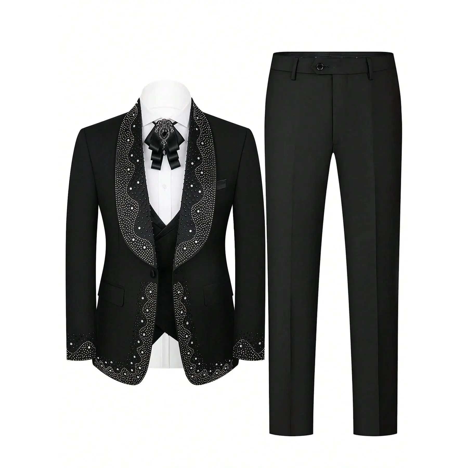 Men's Aesthetic 3-Piece Luxury Shawl Collar Rhinestone Suit - Long Sleeve Slim Fit Blazer, Vest & Trousers, Fashion Formal Prom Attire for Red Carpet Events, Menswear, Smooth, Classic, Elegant, Matching, Evening, Tuxedo, Pants, Buttons, Rhinestones, Rayon