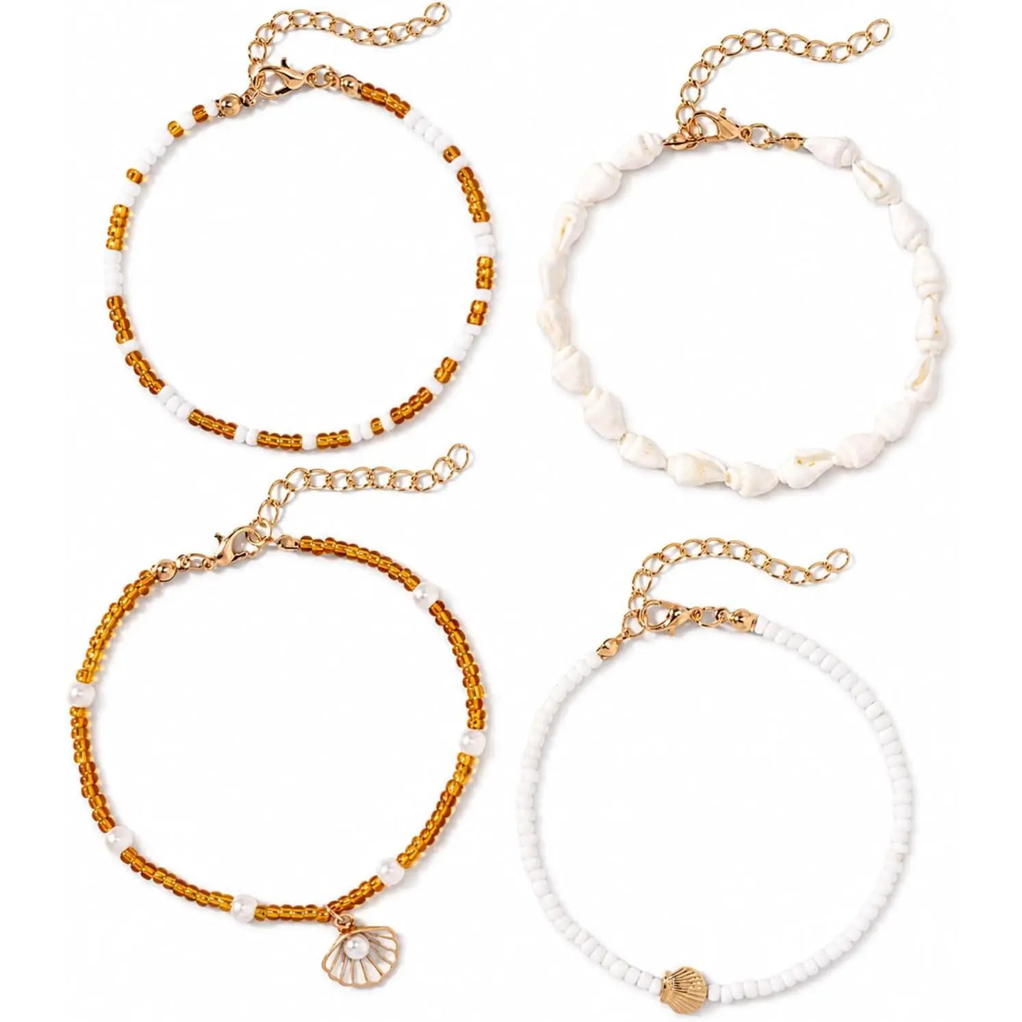 Beaded Shell Anklet Set, -Inspired Starfish and Seashell Charms, Stretch and Lobster Clasp Styles
