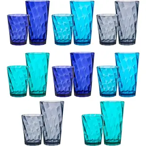Optix Plastic Reusable Drinking Glasses (Set of 16) 14oz Rocks & 20oz Water Cups in Coastal Colors | BPA-Free Tumblers, Made in USA | Top-Rack Dishwasher Safe