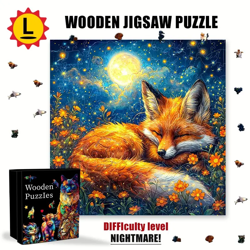 Dreamy Moonlit Flower Sea Sleeping Fox Wooden Puzzle, High-Difficulty Adult Brain Teaser, Stress Relief Art, Gift for Animal Lovers