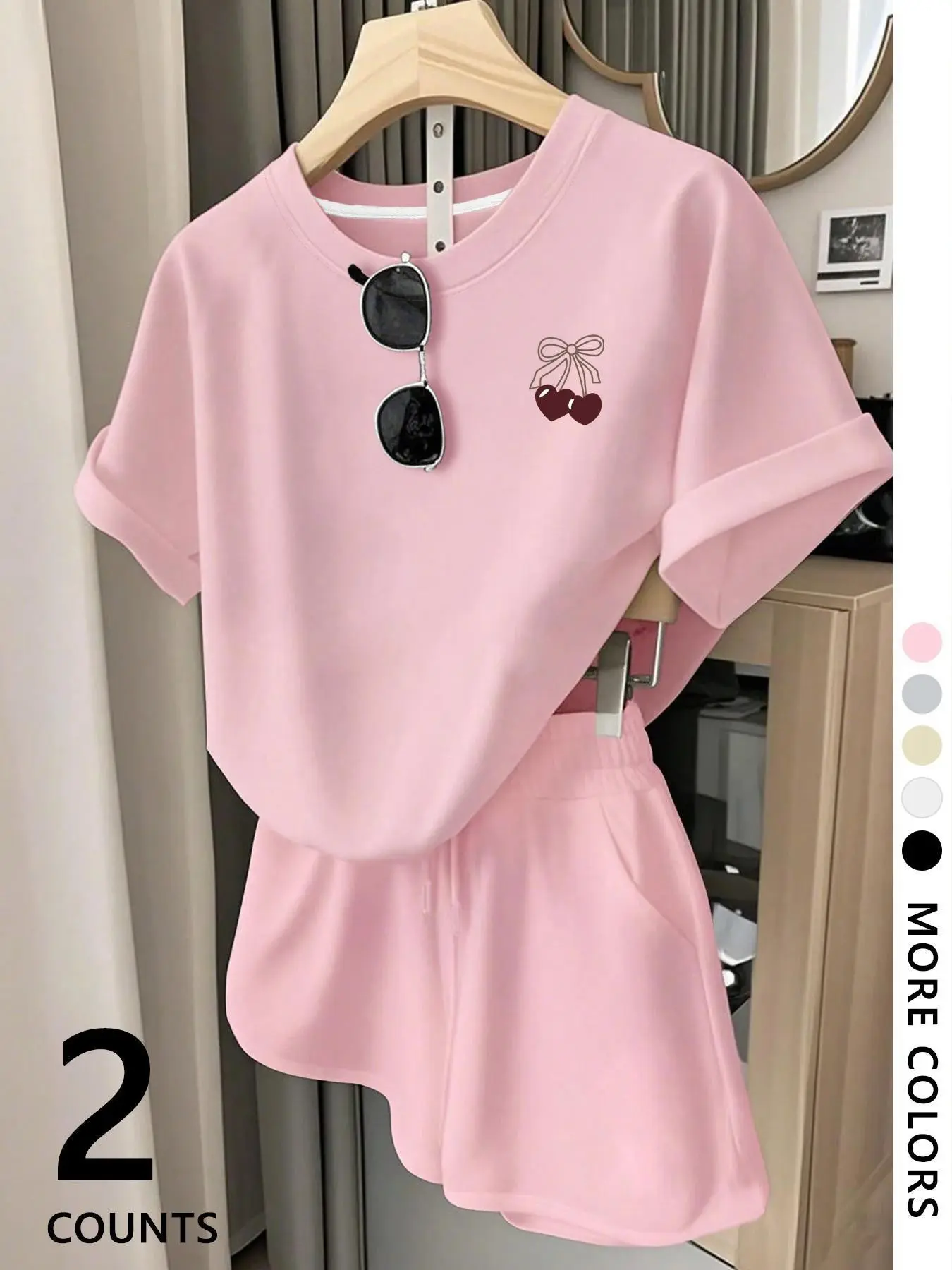 Women's 2-Piece Set, Multi-Color T-Shirts and Shorts, Cherry Print, Casual Fashion, Trendy Youthful Style, Comfortable Daily Wear Clothes
