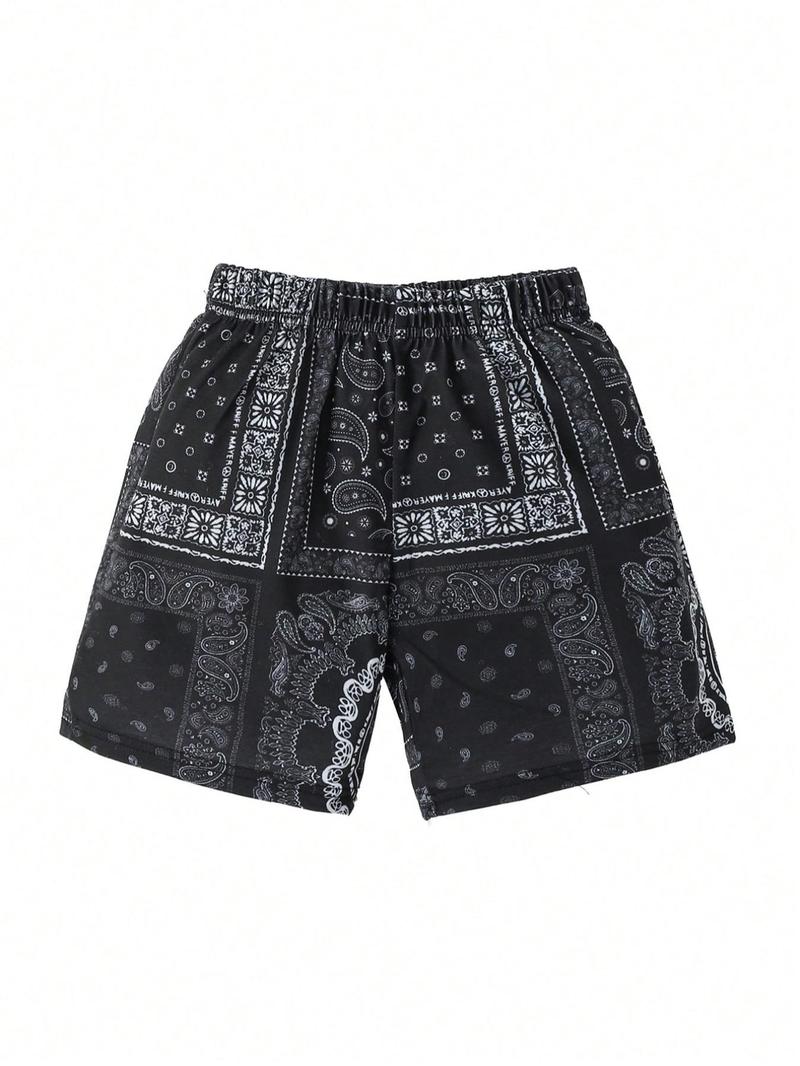 Boy's Ethnic Pattern Shorts, Casual Elastic Waist Beach Shorts for Summer, Kids Bottoms for Daily Wear