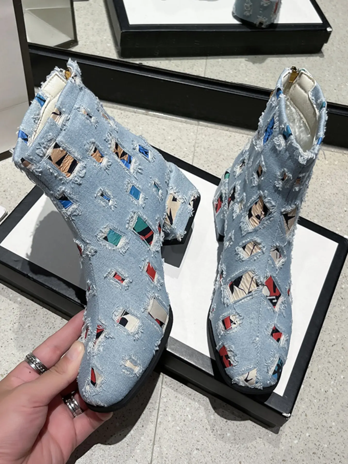 Women's Ripped Patchwork Denim Chunky Heel Short Boots, Square Toe Back Zipper Streetwear Casual Shoes, All Seasons Fashion Footwear