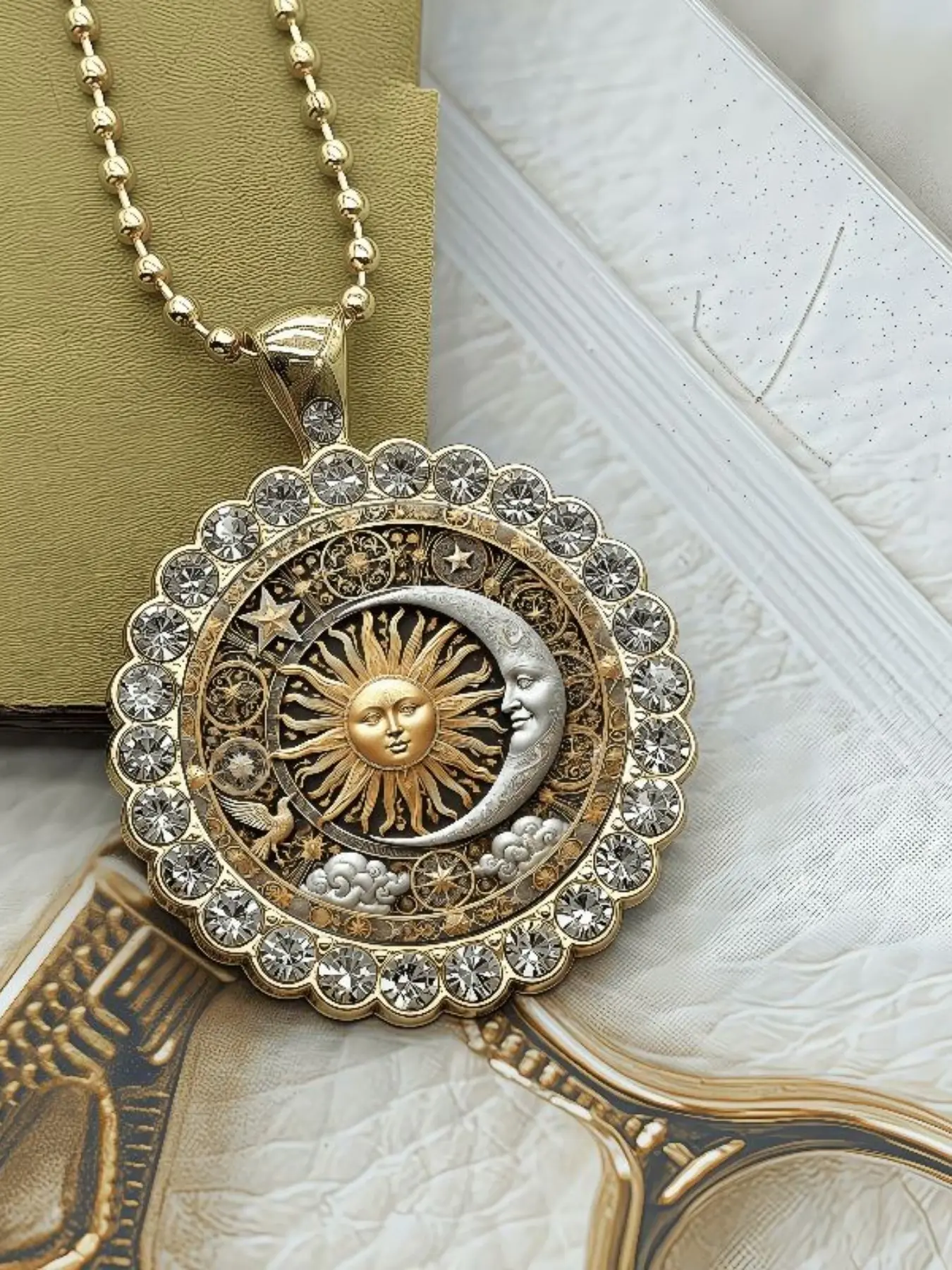 A Vintage Relief Astrology Wind, Sun God, Moon, Nebula Celestial Design Necklace, Ladies' Party, Ball Necklace, Round Badge Accessory
