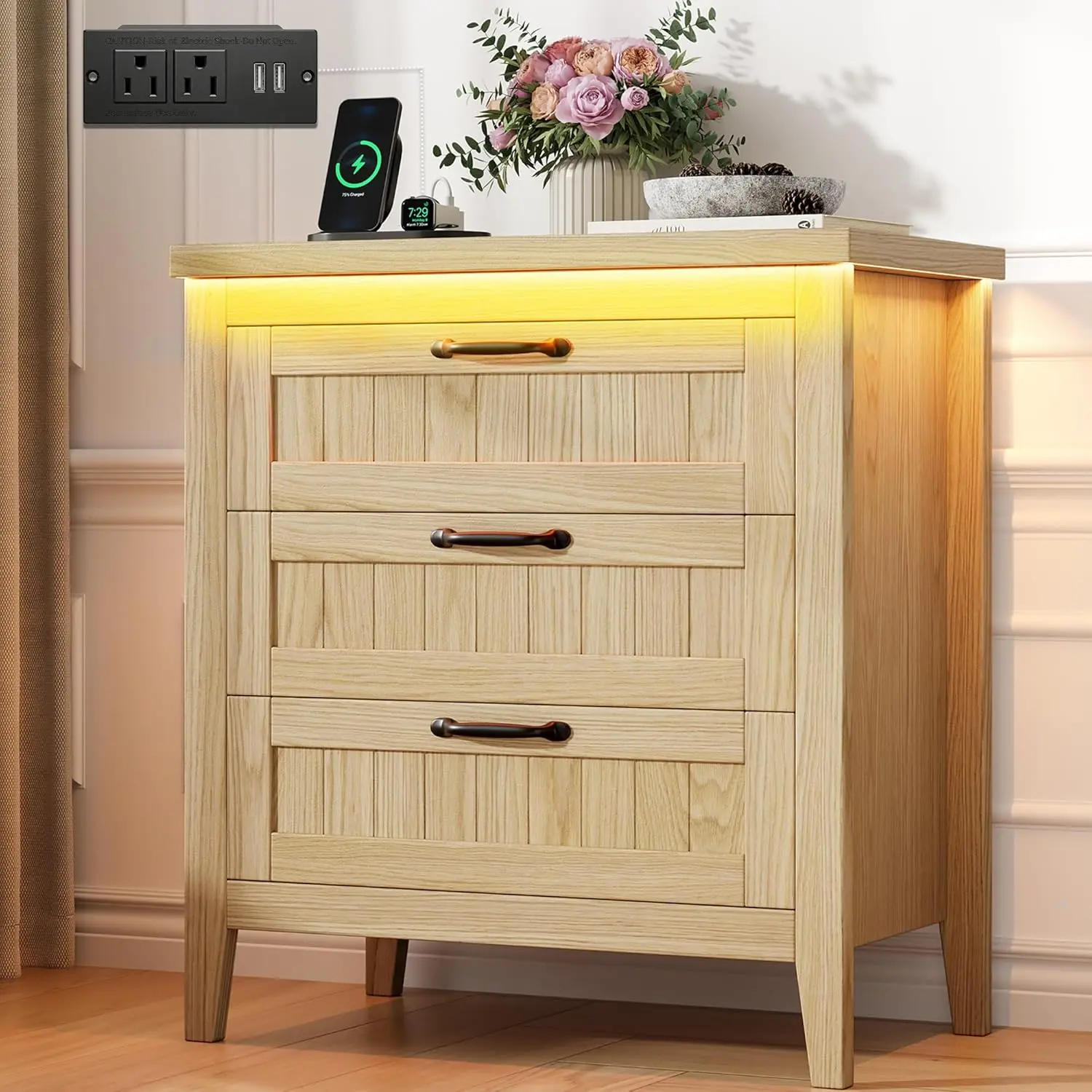 Farmhouse Drawer Dresser with Charging Station & LED Lights, Slim Wooden Bedroom Dresser