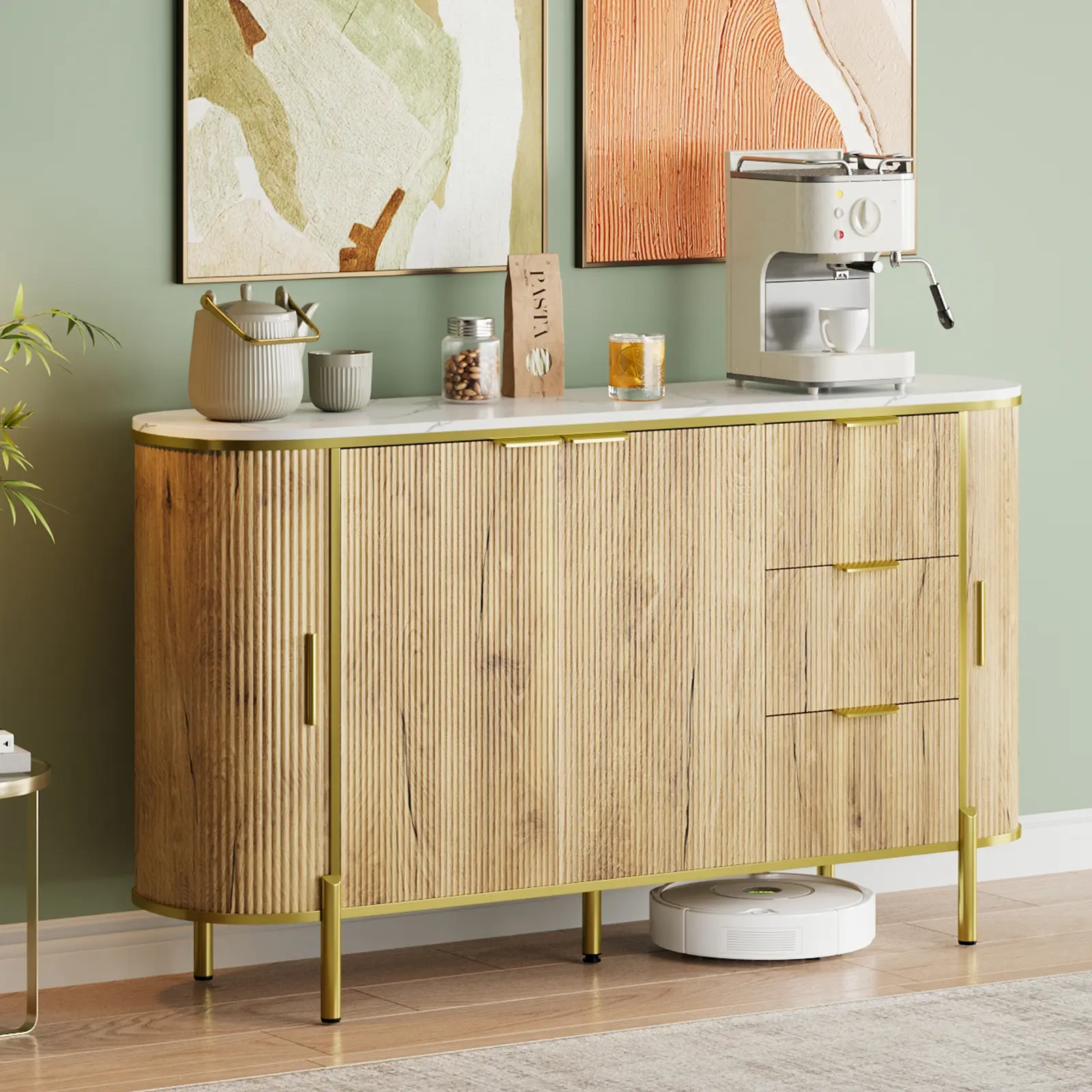 Modern 4-Door 3-Drawer Sideboard Buffet Cabinet Only, 63.66 Inch Wide Oak Storage Cabinet with Wave-Textured Sliding Doors, Fabric Pull Drawers, Metal Legs and Raised Base, Wine-Friendly Entryway Console
