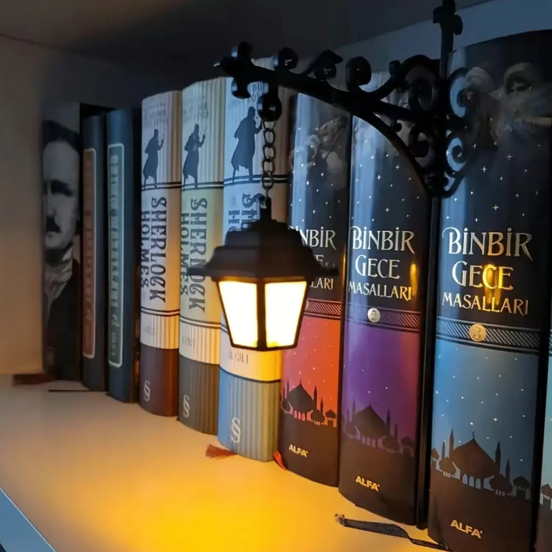 Vintage Library Lantern, Decorative Bookshelf Lighting, LED Nightlight for Reading Nook, Wooden Bookcase Lamp, Home Desk Ornament, Ambient Glow Light