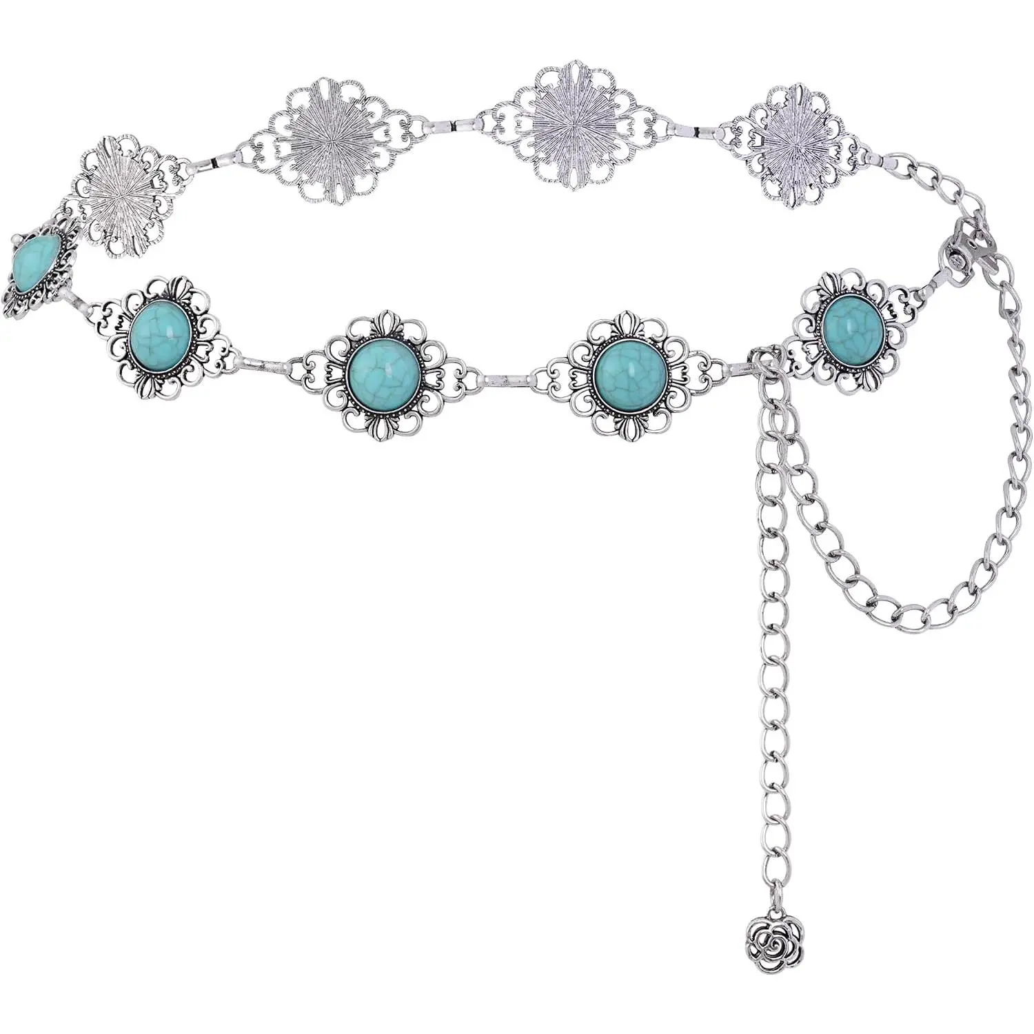 Concho Chain Belt Women Cowgirl Turquoise Boho   Metal  Chain Belt for Dresses Jeans