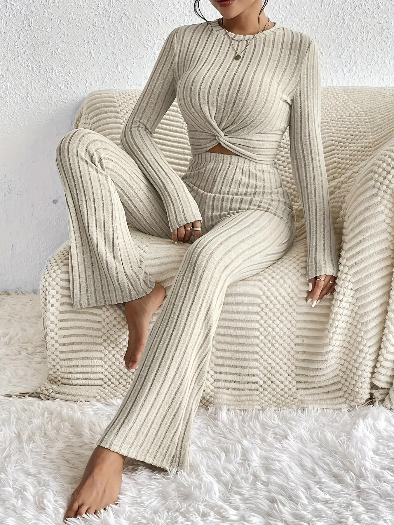 Women's Solid Ribbed Twist Tee & Flare Leg Pants Set, Elegant Basic Fashion Casual Round Neck Long Sleeve Top & Trousers for Daily Outdoor Wear, Women's Clothing for Fall & Winter, Stretchy Fitted Outfit Sets