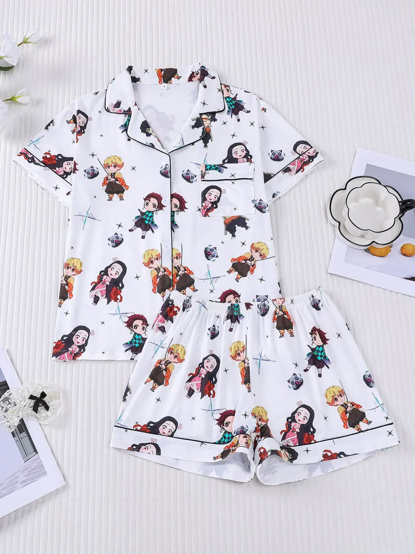 2-Piece Demon Slayer Anime Character Print Collared Pajama Set, Pajamas Lounge Set - Cute Cartoon Style Short-Sleeve (Button-Up Collar + Pockets) - Soft and Comfortable Loungewear for Anime Fans