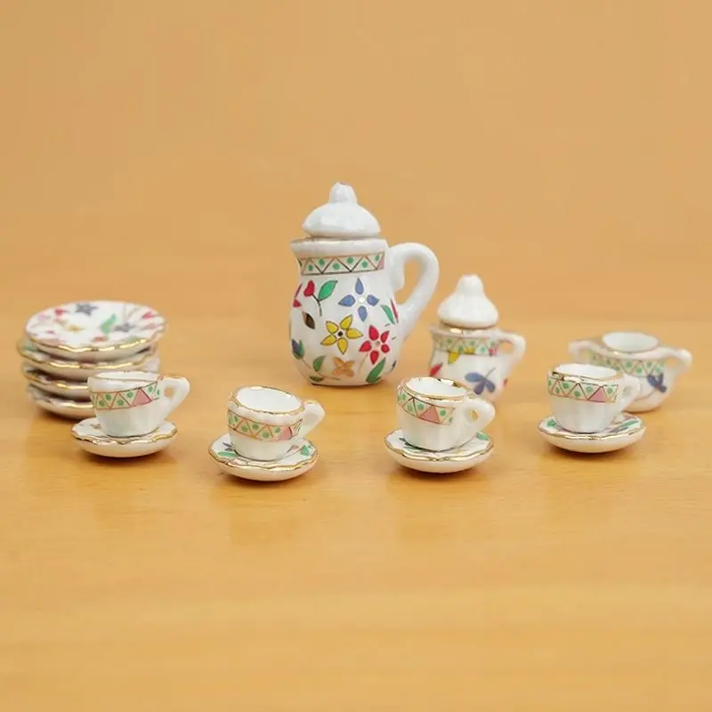 1 Set Miniature Ceramic Tea Set, Tiny Porcelain Teapot Cups & Saucers with Red Cherry Pattern, Dollhouse Kitchen Furniture Decor Toy for Teens Adults Age 12+, Collectible Figurine, 2026 Summer Big Sale
