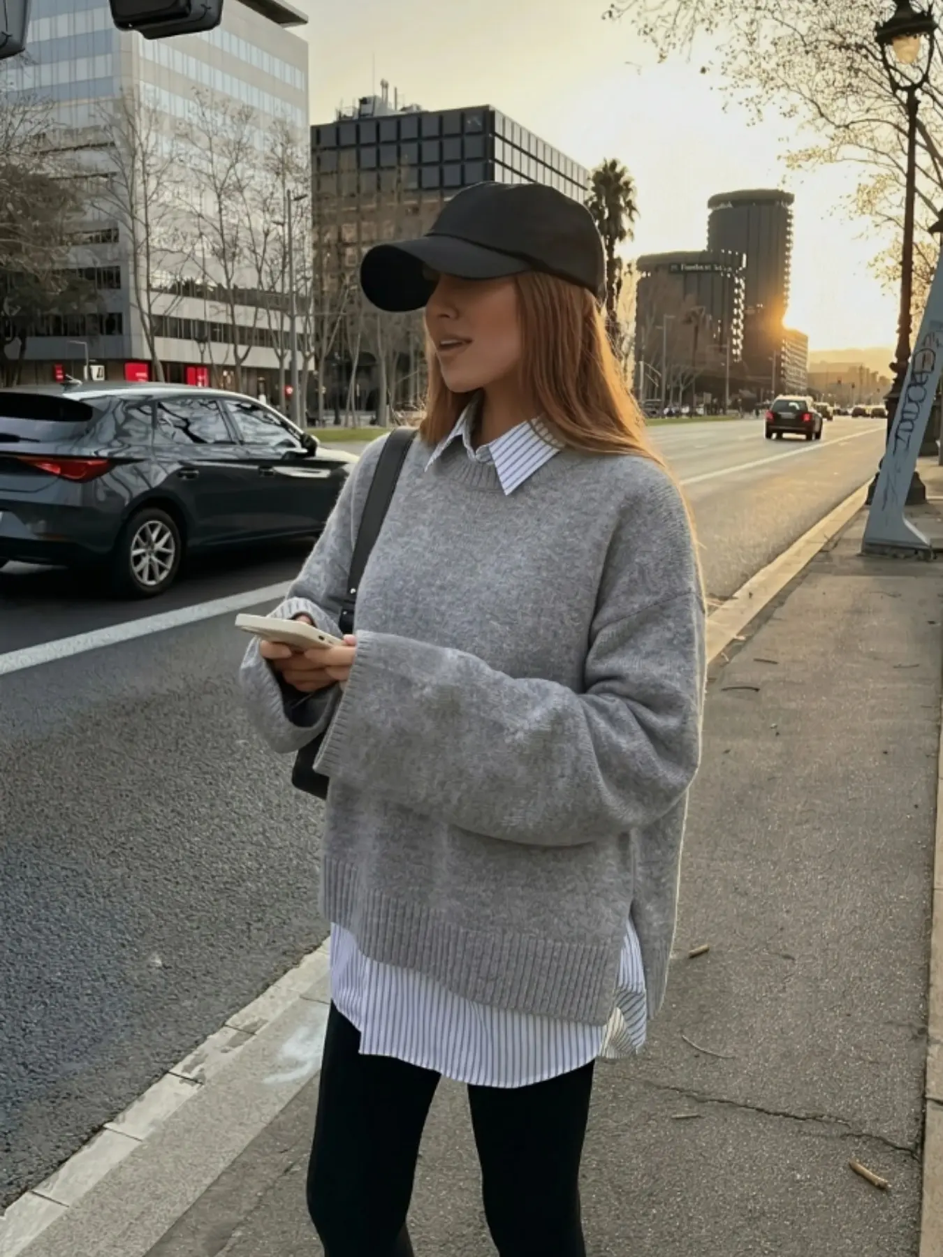 1PC Women's Oversized Baggy Crew Neck Long Sleeve Knit Sweater, Loose Fit Side Slit Pullover, Soft Neutral Grey Knitwear for Fall/Winter Casual Streetwear