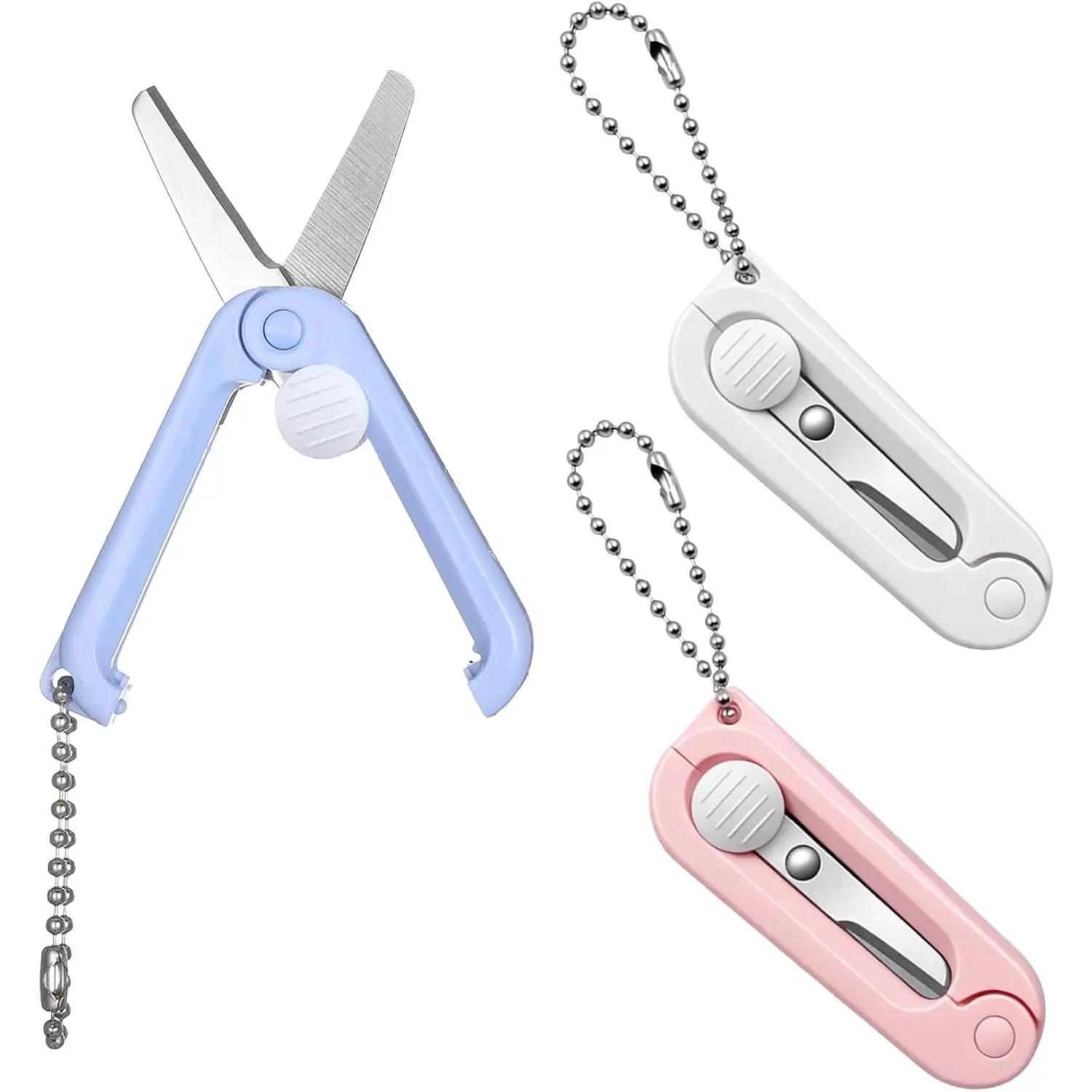 3-Count Mini Compact Fold Stainless Steel Portable Travel Pocket Scissors for Badge Reel, Scrapbook, Keychains, White, Blue