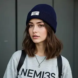 Unisex Fashion Knit Beanie Hat, Warm Elastic Acrylic Winter Cap with Letter Patch, Ideal for Casual Wear, Christmas Gift, Valentine's Day