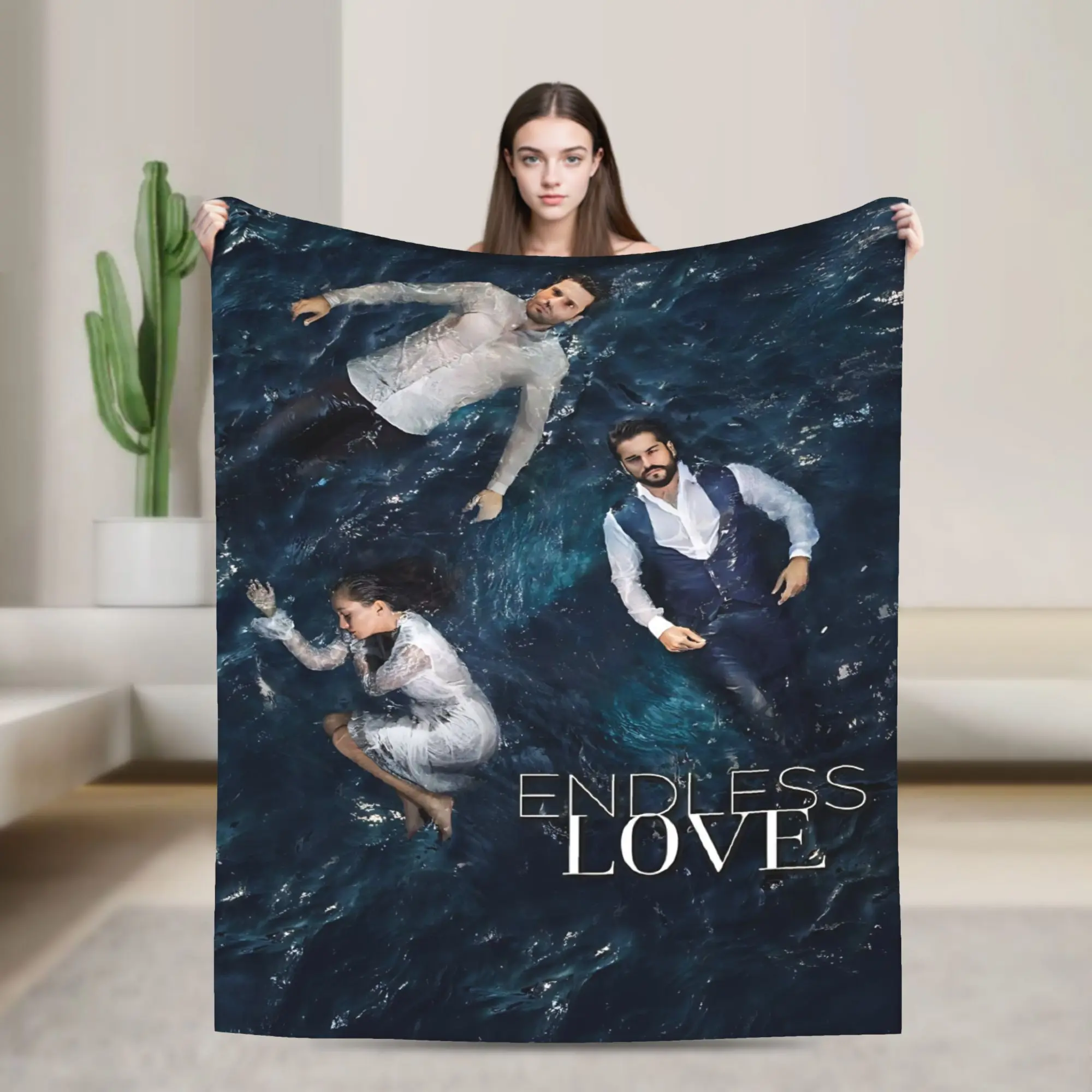 Endless Love Turkish Drama Flannel Blanket Three Main Cast Water Scene Poster Throw Blanket Dark Blue Ocean Background Sofa Bed Blanket Gift For Dizi Fans