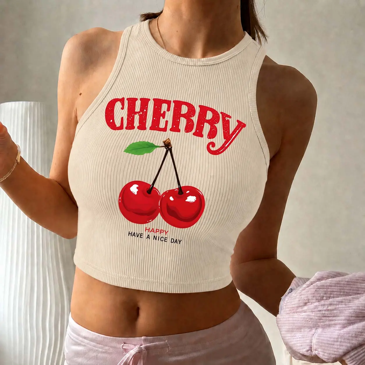Women’s Red Letters And Cherries Print Crop Tank Top, Ribbed Sleeveless Fitted Top for Summer, Soft Stretch Casual Vest Shirt, Trendy Basic Going Out Top for Daily Wear, Vacation, Workout and Streetwear