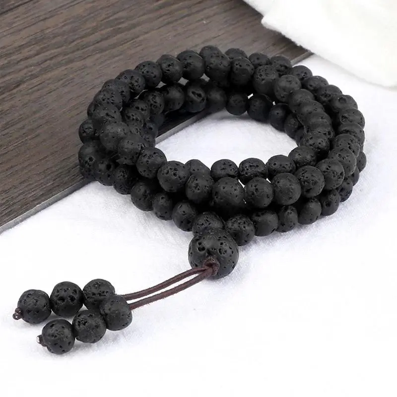 Unisex 6mm Black Natural Lava Stone 108 Mala Beads Bracelet-Necklace, Essential Oils Diffuser, Meditation Gift, Spiritual Wrap, Tibetan Healing Yoga Prayer Stress Relief Sports Wristband Jewelry, Diffuser Essential Oil, Unisex Wear, Round Beads
