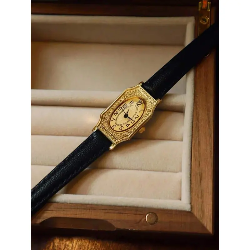 Women's Classic Fashion Quartz Watch, Retro Rectangular Gold Tone Wristwatch with an Engraved Dial and Black PU Leather Strap for Daily Wear, Classic Fashion Quartz Watches, Arabic Numeral, Polyurethane, 20 Meters