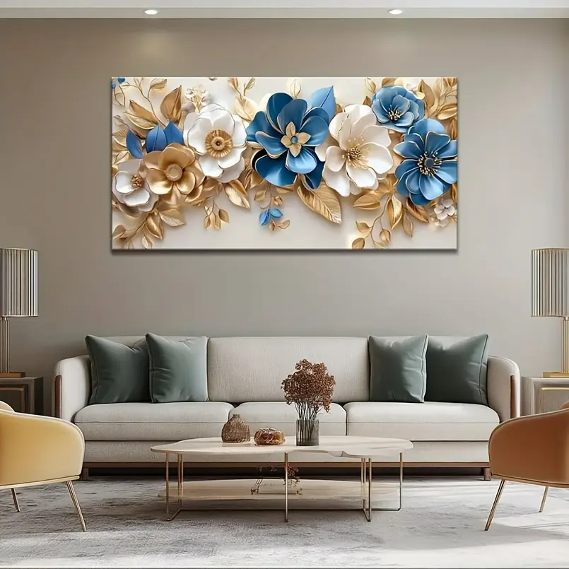 Framed Abstract Blue and Gold Floral Canvas Art - 1-Piece Multi-Size Landscape Wall Decor, High-Quality Modern Home Decor Items for Living Room, Indoor Use