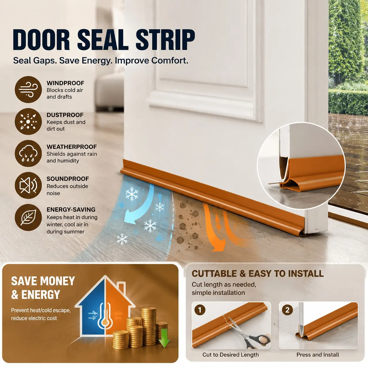 DIY Adjustable Leather Door Bottom Seal Strip | Self-Adhesive Weatherproof Draft Blocker for Wind, Dust, Noise, and Insect Protection | All-Season Door Sweep for Enhanced Home Comfort and Easy Installation Door Threshold
