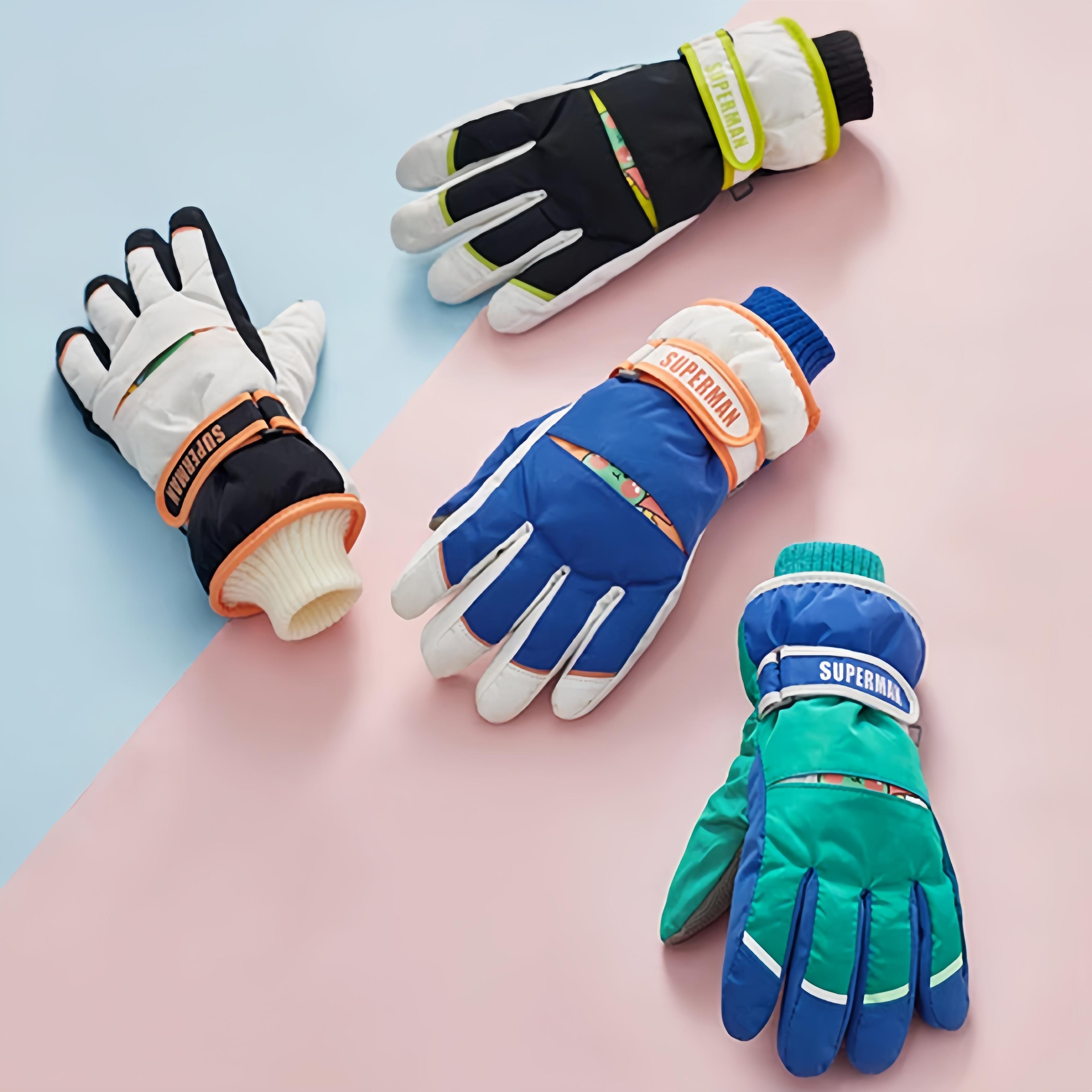 1-Pair Winter Ski Gloves - Cold Weather Thermal Gloves with Wrist Strap & Color-Coded Tips, Soft Plush Inner Lining - Ideal for Skiing, Snowboarding, Snowplay - Boys & Girls Ages 6-10 Years - Multi-Color Options (Blue, White, Black, Orange, Green, Pink, G