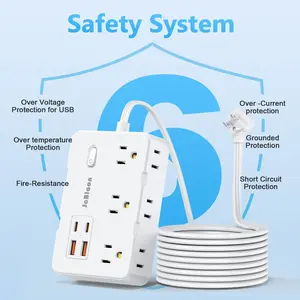 Surge Protector Power Strip, 5Ft Flat Plug Extension Cord, 6 Widely Spaced Outlets + 4 USB Ports (2 USB-C), Wall Mountable for Home/Office/Dorm, Wall Outlet Extender