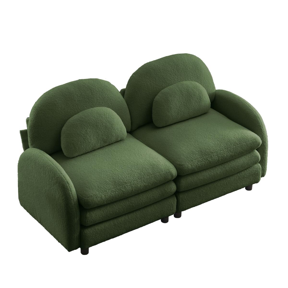Teddy Fabric Soft Cloud-like Loveseat Sofa,Curved Backrest and Armrest with Curved Lumbar Pillows, Modular 2 Seater Couch with Supportive Double-layer cushion, Green