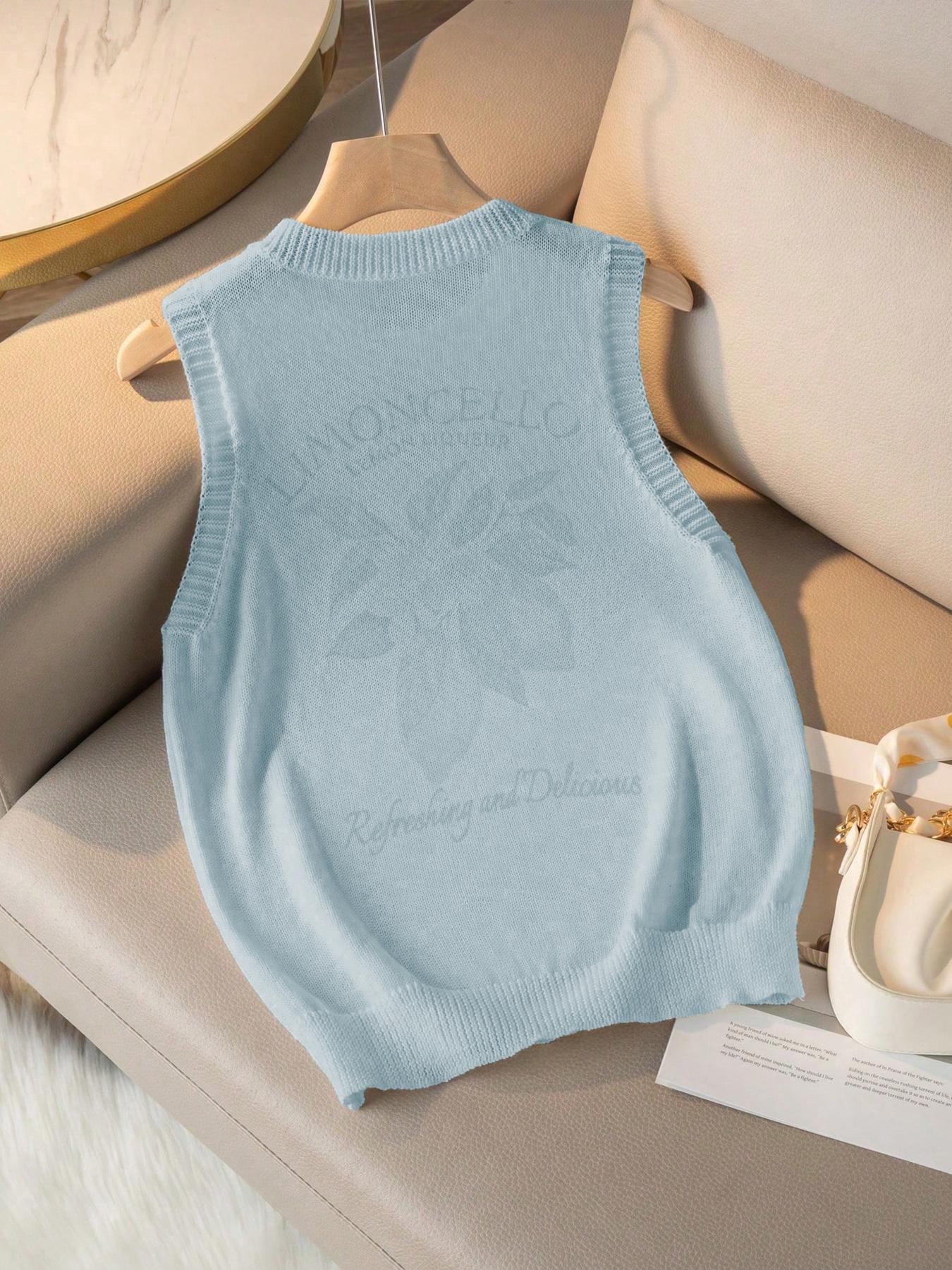 Women's Lemon Print Round Neck Sweater Vest, Casual Fitted Sleeveless Crew Neck Knit Top for Daily Wear, Ladies Clothes for All Seasons, Sleeveless Graphic Vest, Womenswear, Chic Elegant Vest