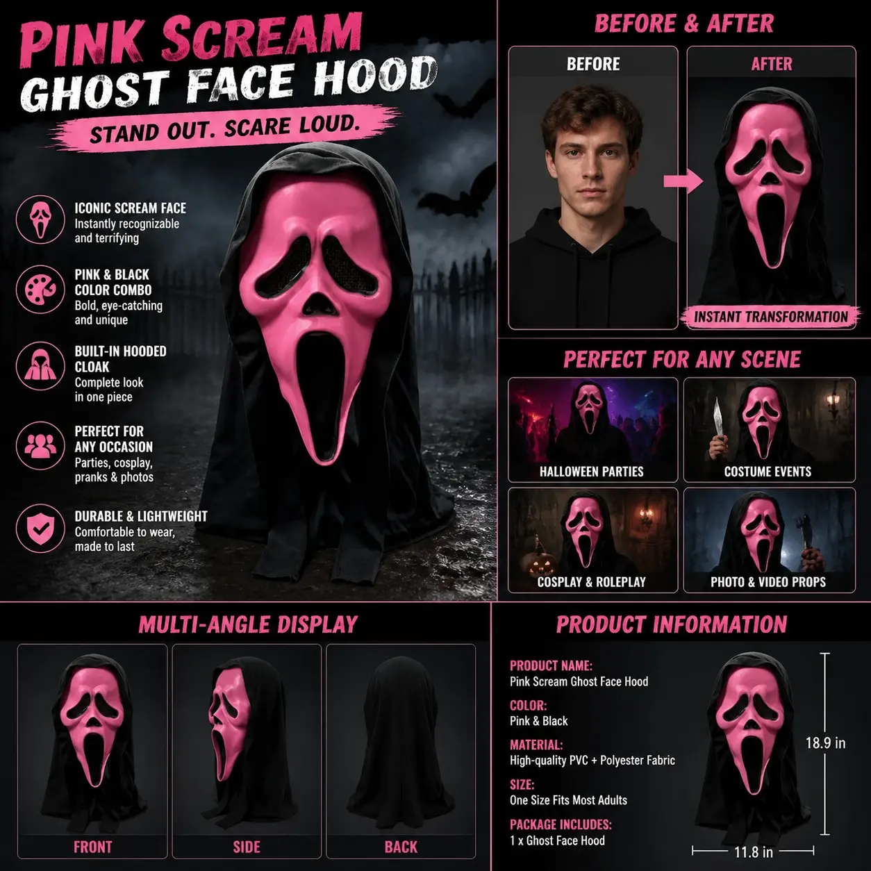 Scream Ghost Face Mask with Hood, Latex Halloween Horror Cosplay Headgear, Party Props for Festivals and Birthdays