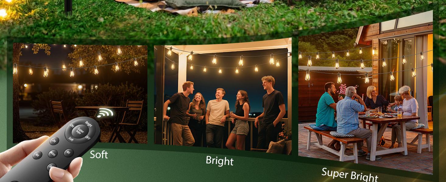 54FT(48+6) Solar String Lights Outdoor Waterproof with USB Charging & Remote Control - Dimmable Solar Power Patio Lights with LED Bulbs for Porch, Garden, Yard, Market, Bistro - Last for 20+Hrs