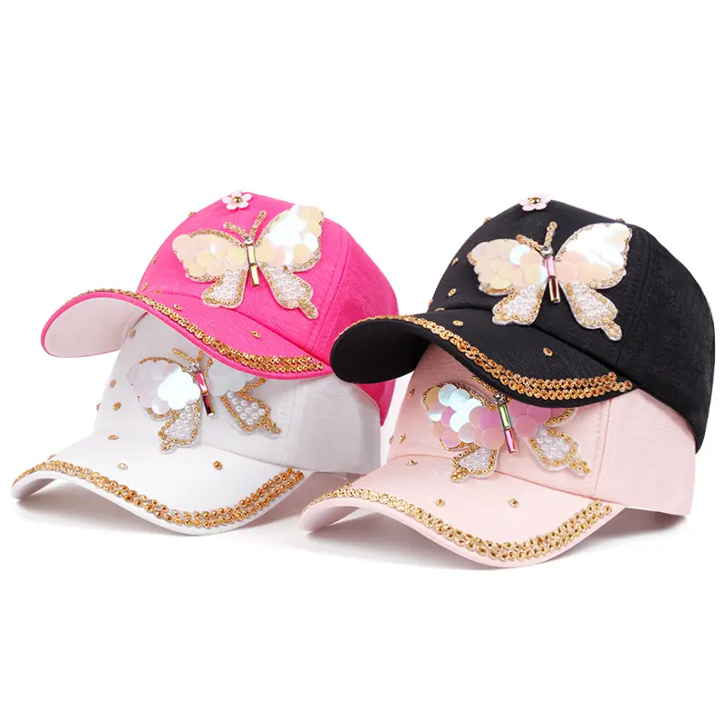 Unisex Denim Fabric Baseball Cap - Exquisite 3D Butterfly Motif, Hand-Set Rhinestone Accents, Dragonfly Detail, Classic Peaked Shape, European-Style Versatile Casual Wear Sports & Outdoor Hat for Adults, Outdoor Sports
