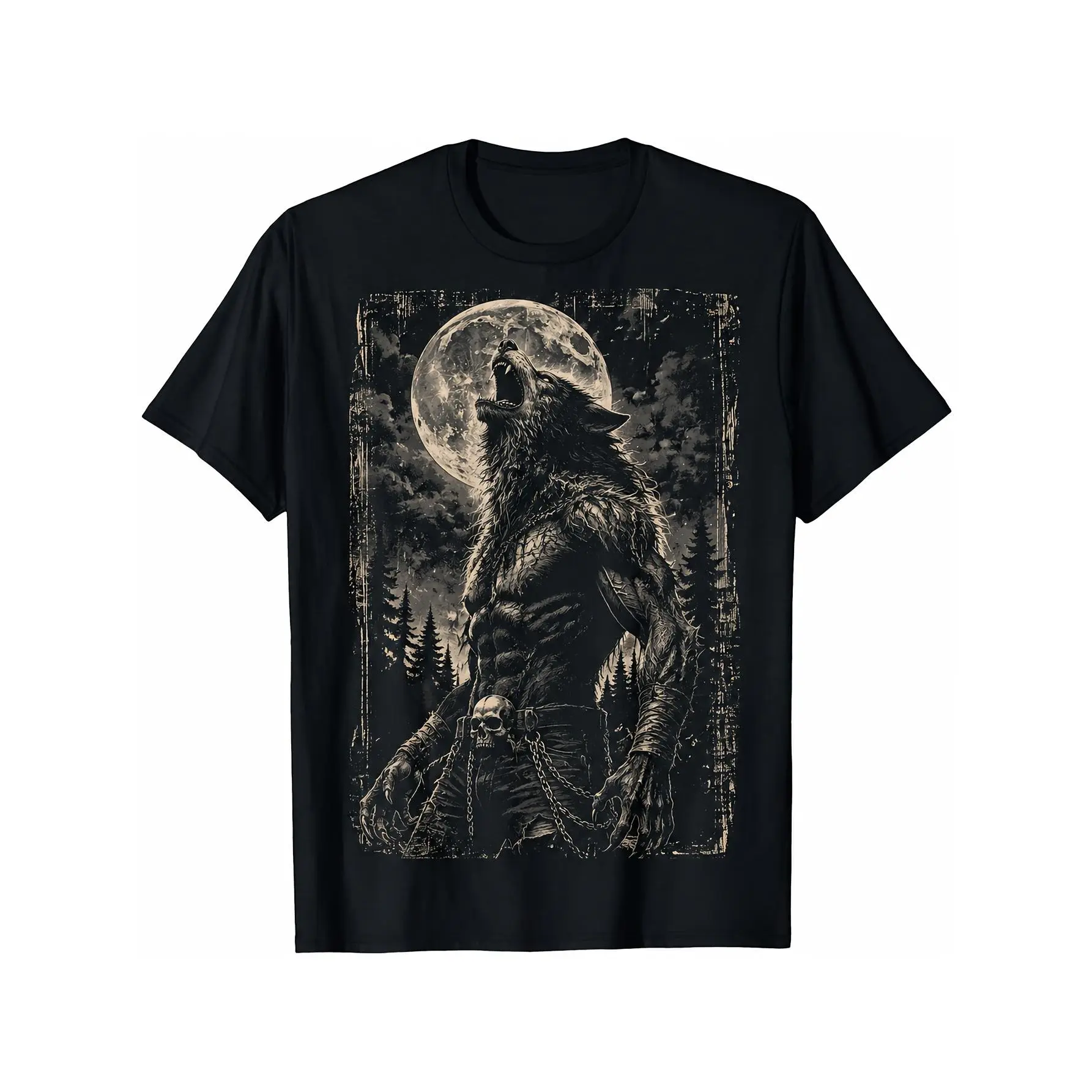 Retro Werewolf Howling at Full Moon T-Shirt - Suitable for Year-Round Wear, Machine Washable Round Neck Tee with (for Appearances Suitable for Werewolf Graphic) - Casual Apparel for Themed Events & Everyday Style