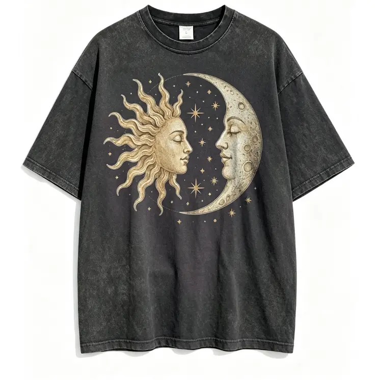 Vintage Sun And Moon Face Celestial Star Art Vintage Washed Black Cotton Oversized T-Shirt, Witchy Astrology Boho Casual Outfit, Best Gift For Celestial Spiritual Lover Streetwear Tee