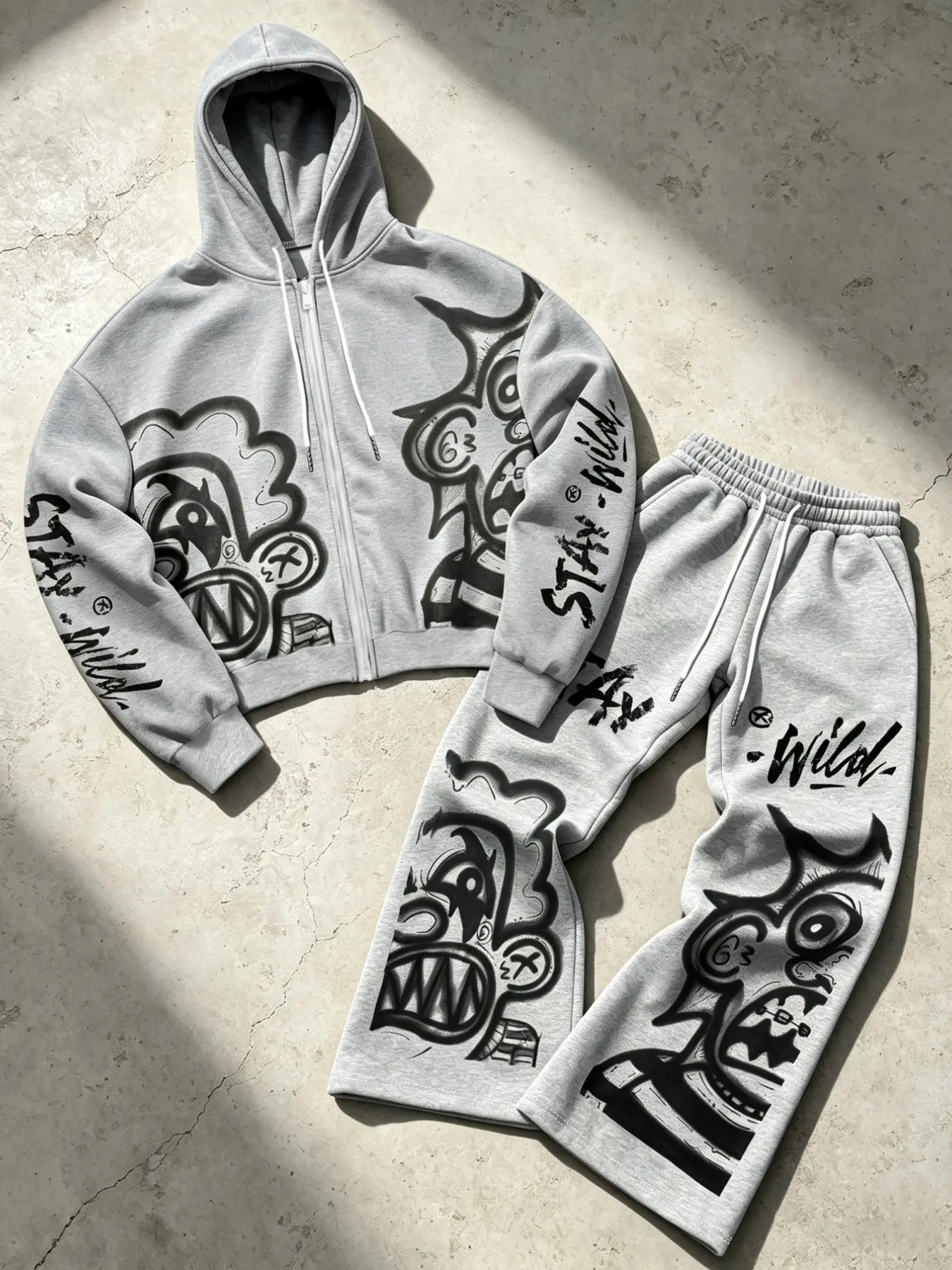 Y2K Street Style Casual Stay Wild Letter Graffiti Short Zipper Sweatshirt and Wide Leg Sweatpants Set for Men, Loose-Fitting Unlined Two-Piece