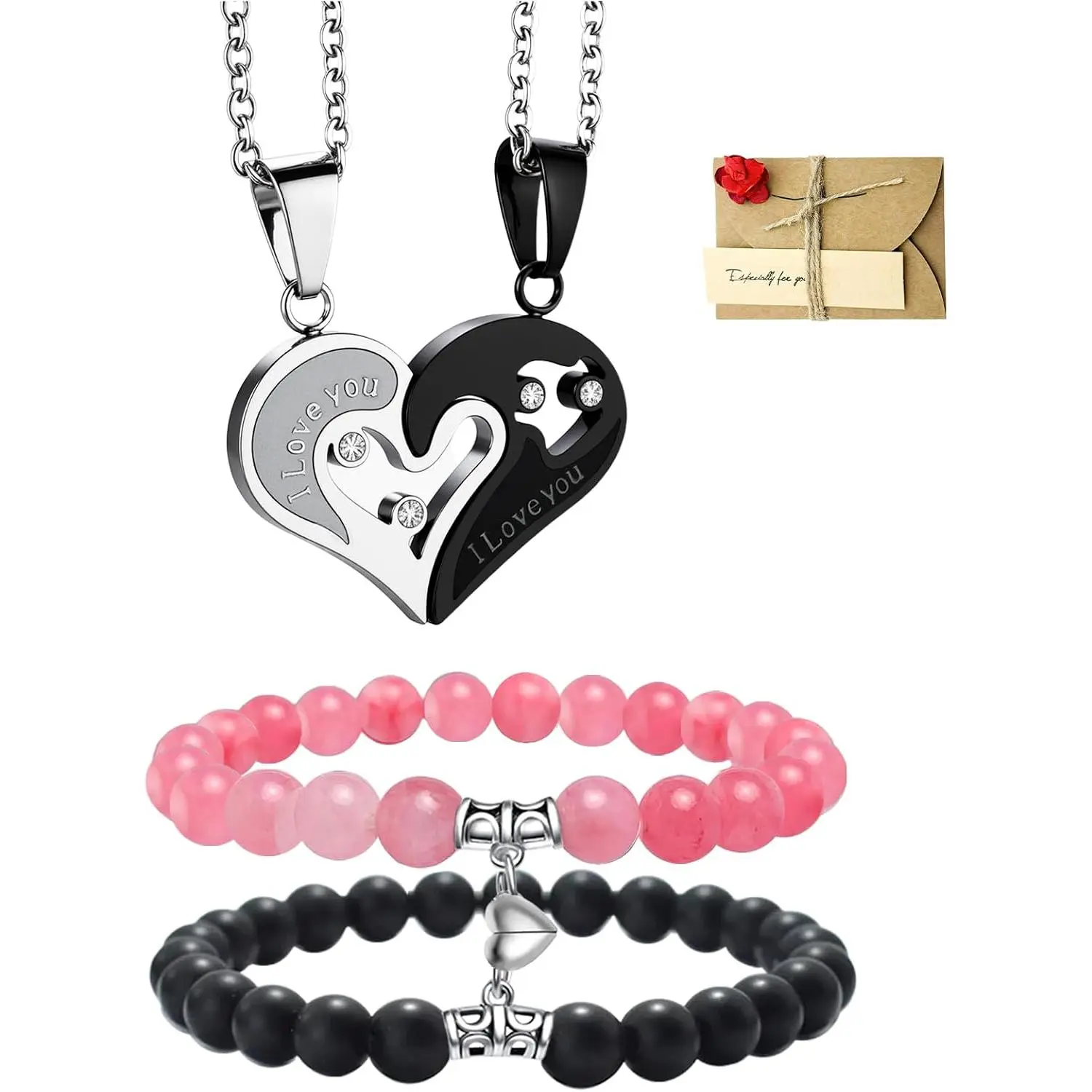 4 count Couple Necklace Bracelets Matching Heart Set for Women Men His and Hers Forever Couples Bracelets  Bead Stone Stretch Bracelet Romantic Love Heart Matching Valentines